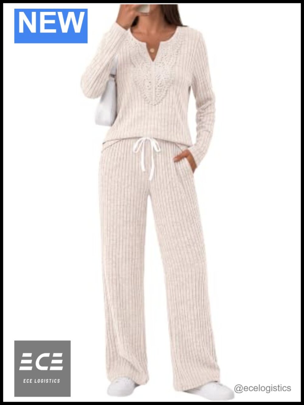 Womens 2 Piece Lounge Set Lace V-Neck Top Wide Leg Drawstring Pants Ribbed Knit